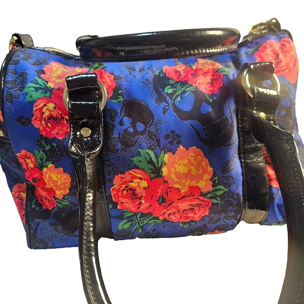 Betsey Johnson Skull Rose Floral Nylon Barrel Duffel Bag Studded Crossbody Goth
